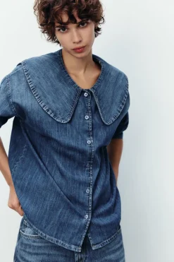 Clearance CAMISA DENIM TRF CUELLO BOBO Mujer Camisas / Blusas