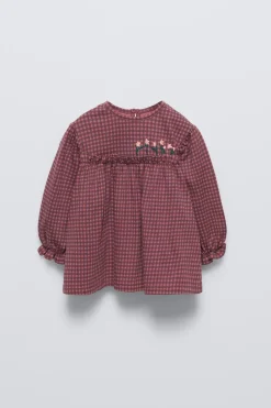 Niños ZARA 6 - 18 Meses·Camisetas|6 - 18 Meses·Camisas<CAMISETA CUADRO VICHY FLORES BORDADAS