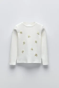 Niños ZARA 6 - 14 Años·Camisetas<CAMISETA RIB FLORES PERLAS