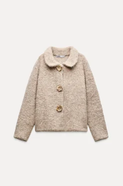 New CHAQUETA PUNTO EFECTO PELO BOTÓN FLOR Mujer Chaquetas / Cazadoras|Cárdigan / Jerséis