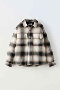 Niños ZARA 6 - 14 Años·Camisas / Sobrecamisas<SOBRECAMISA ACOLCHADA CUADROS CAPUCHA