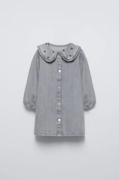 Niños ZARA 1½ - 6 Años·Vestidos / Petos|1½ - 6 Años·Jeans / Denim<VESTIDO DENIM CUELLO BORDADOS